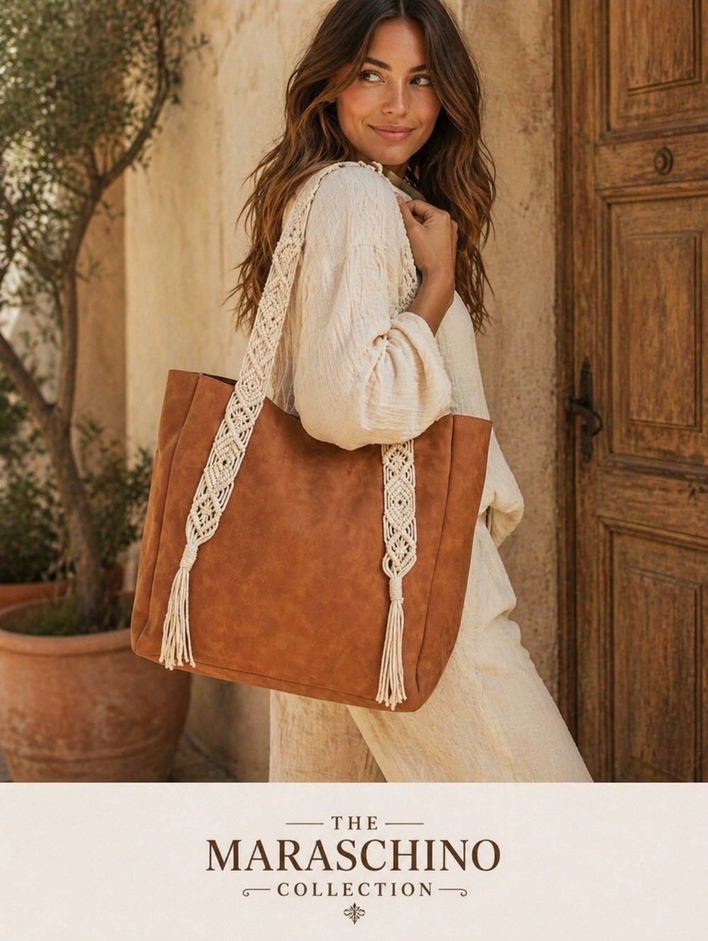 Street Level Vegan Suede Macrame Strap Tote | Neutral Boho Bag